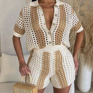 Apricot Casual Women's Colorblock Button Front Knit Cardigan & Knit Shorts